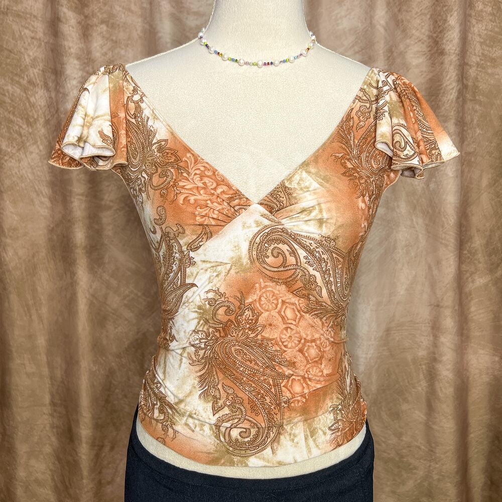 Vintage Y2K Paisley Flutter Sleeve Top Empire Waist Cropped V Neck Renaissance - Picture 12 of 12